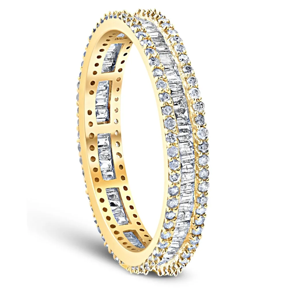 1 1/10 Ct Baguette & Diamond Eternity Ring Wedding Band in White or Yellow Gold