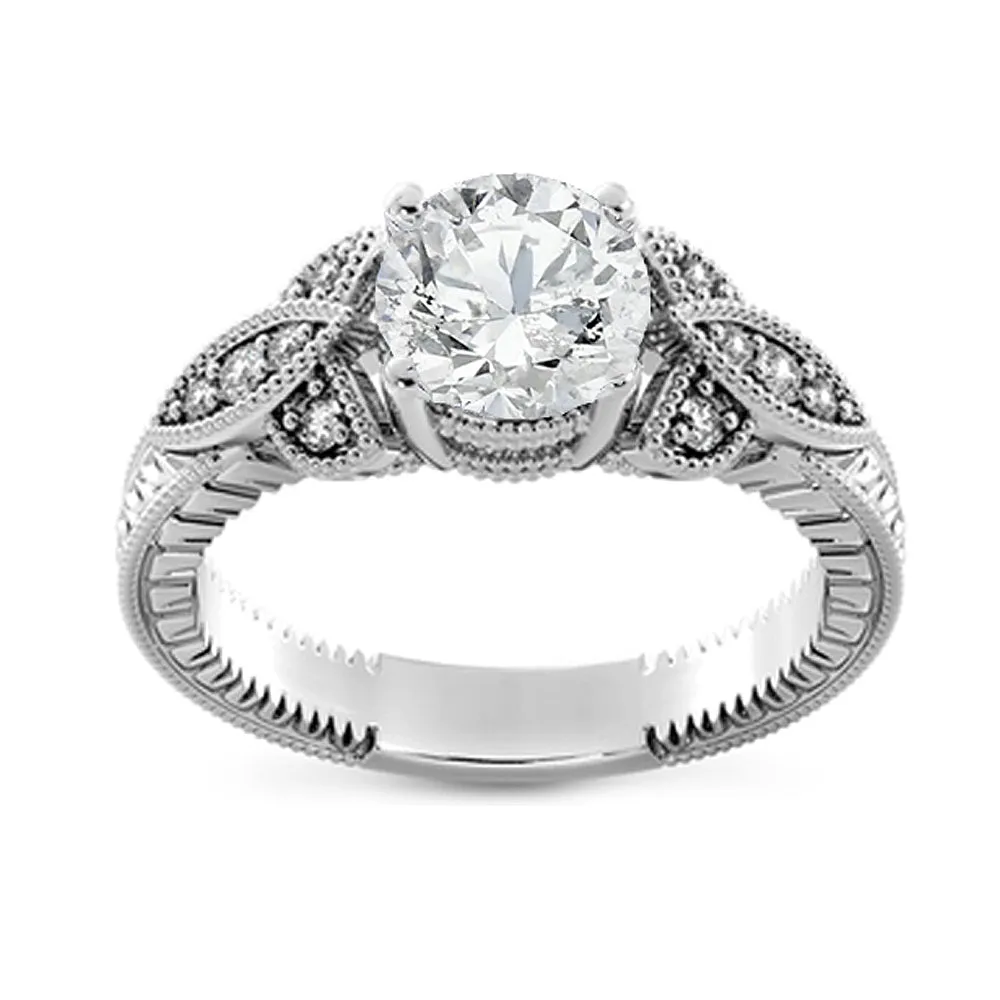 1 1/10ct Diamond Round Vintage Engagement Ring 14k White Gold Enhanced