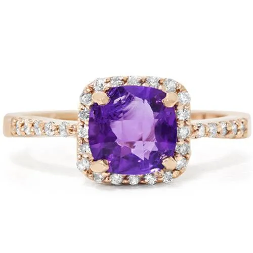 1 1/2ct Cushion Amethyst Diamond Ring 14K Rose Gold