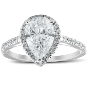 1 1/3 Ct Halo Pear Shape Diamond Low Profile Engagement Ring White Gold