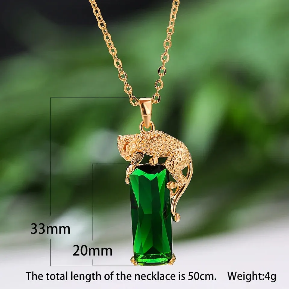 Domineering Animal Leopard Pendant Big Rectangle Stone Necklaces For Men Women Green Zircon Gold Color Link Chain Necklace S189844