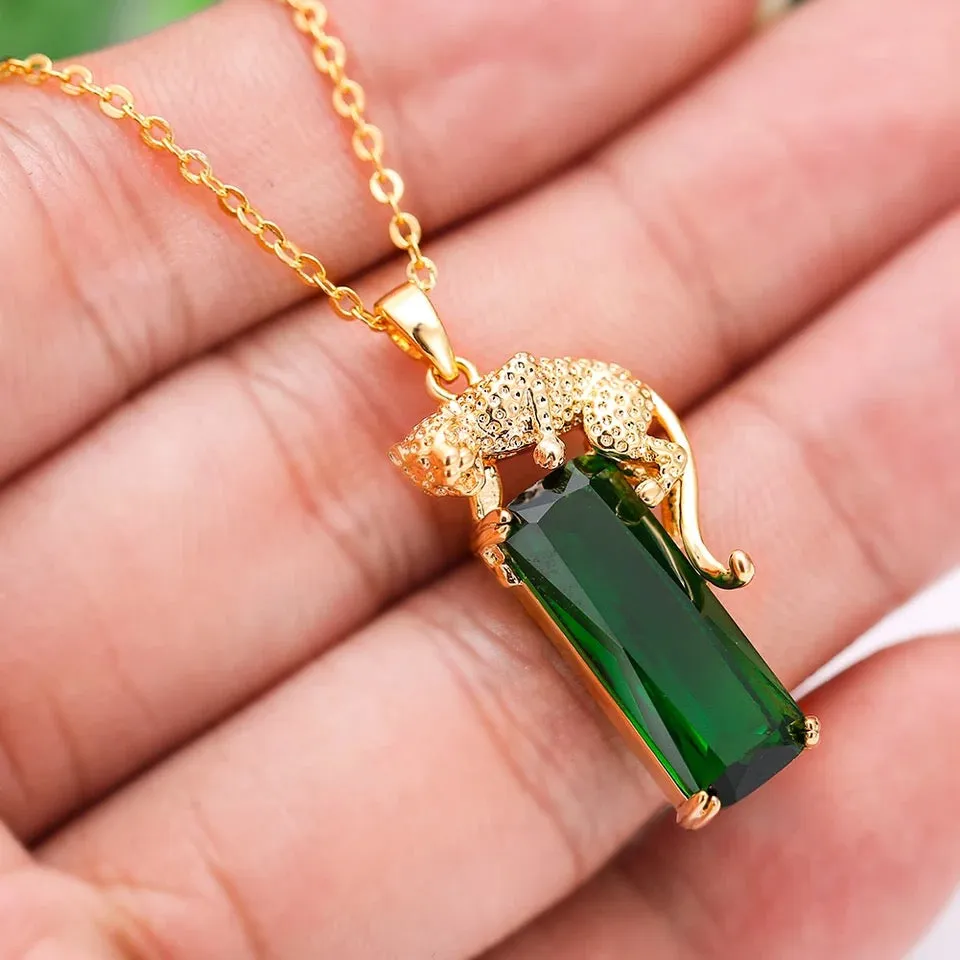 Domineering Animal Leopard Pendant Big Rectangle Stone Necklaces For Men Women Green Zircon Gold Color Link Chain Necklace S189844