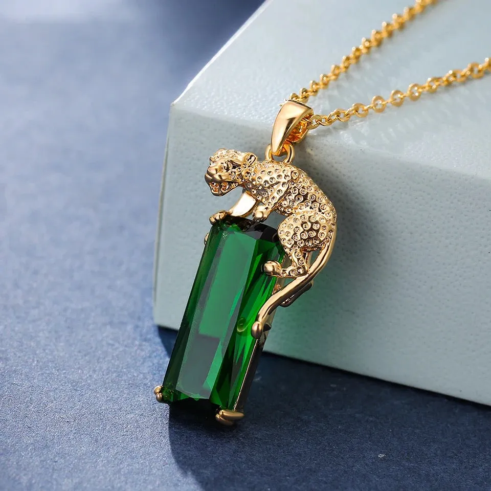 Domineering Animal Leopard Pendant Big Rectangle Stone Necklaces For Men Women Green Zircon Gold Color Link Chain Necklace S189844