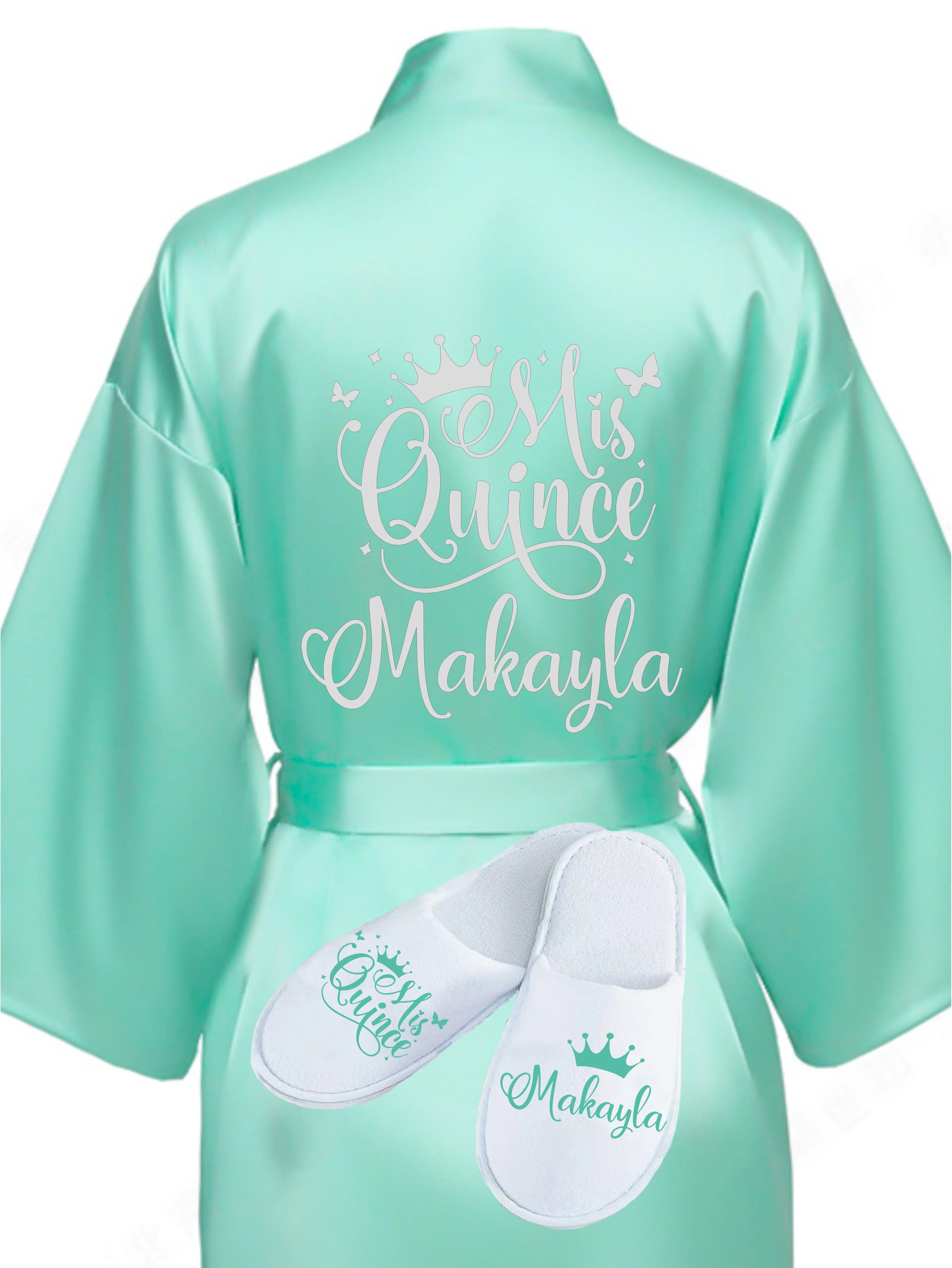 Quinceanera Sage Green with Silver robe with slippers