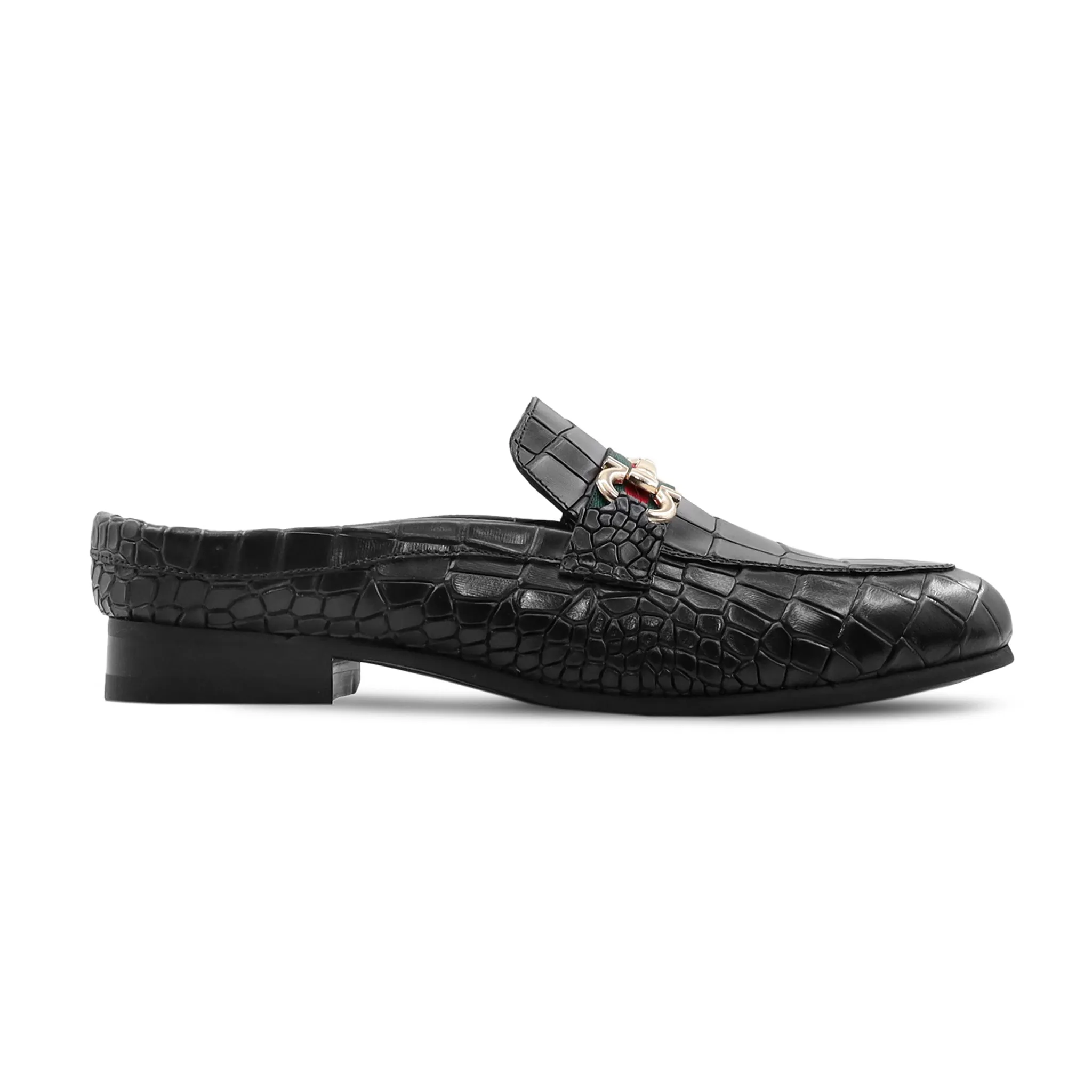 Mens Black Crocodile-Embossed Calf Leather Slippers - Premium Comfort and Style