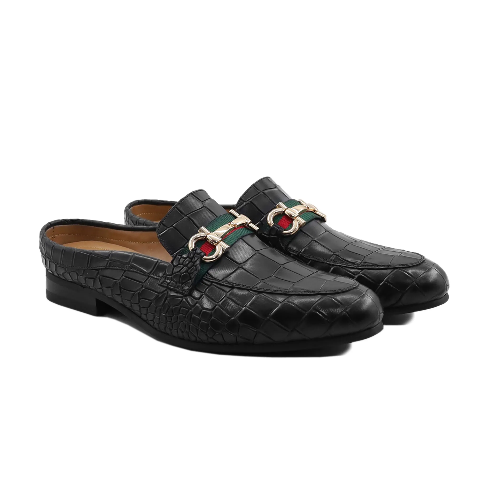 Mens Black Crocodile-Embossed Calf Leather Slippers - Premium Comfort and Style